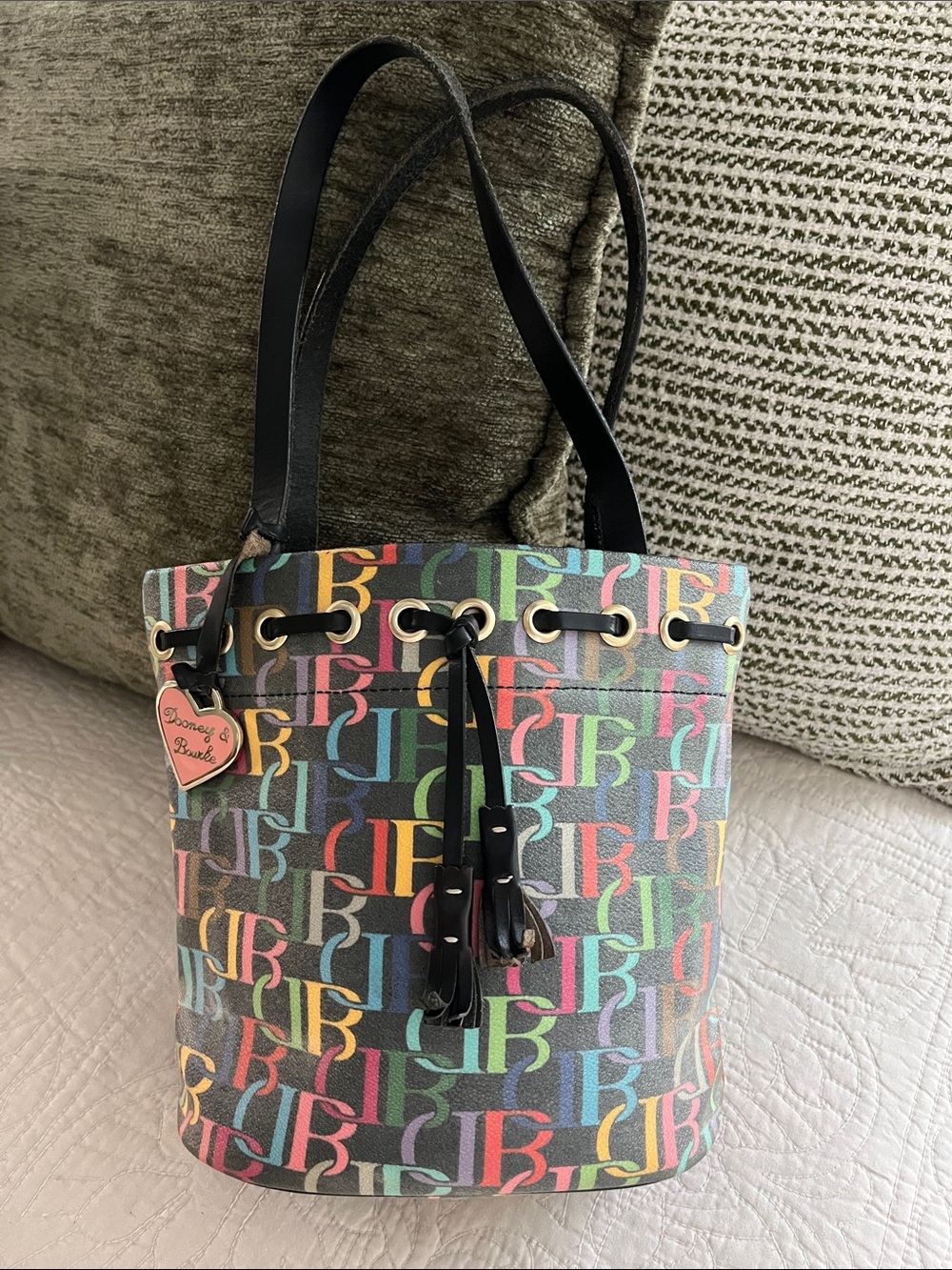 Vintage Dooney & Bourke Rainbow Monogram Drawstring Bucket Bag w Heart Charm